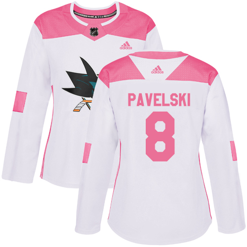 Adidas Sharks #8 Joe Pavelski White/Pink Authentic Fashion Women's Stitched NHL Jersey - Click Image to Close